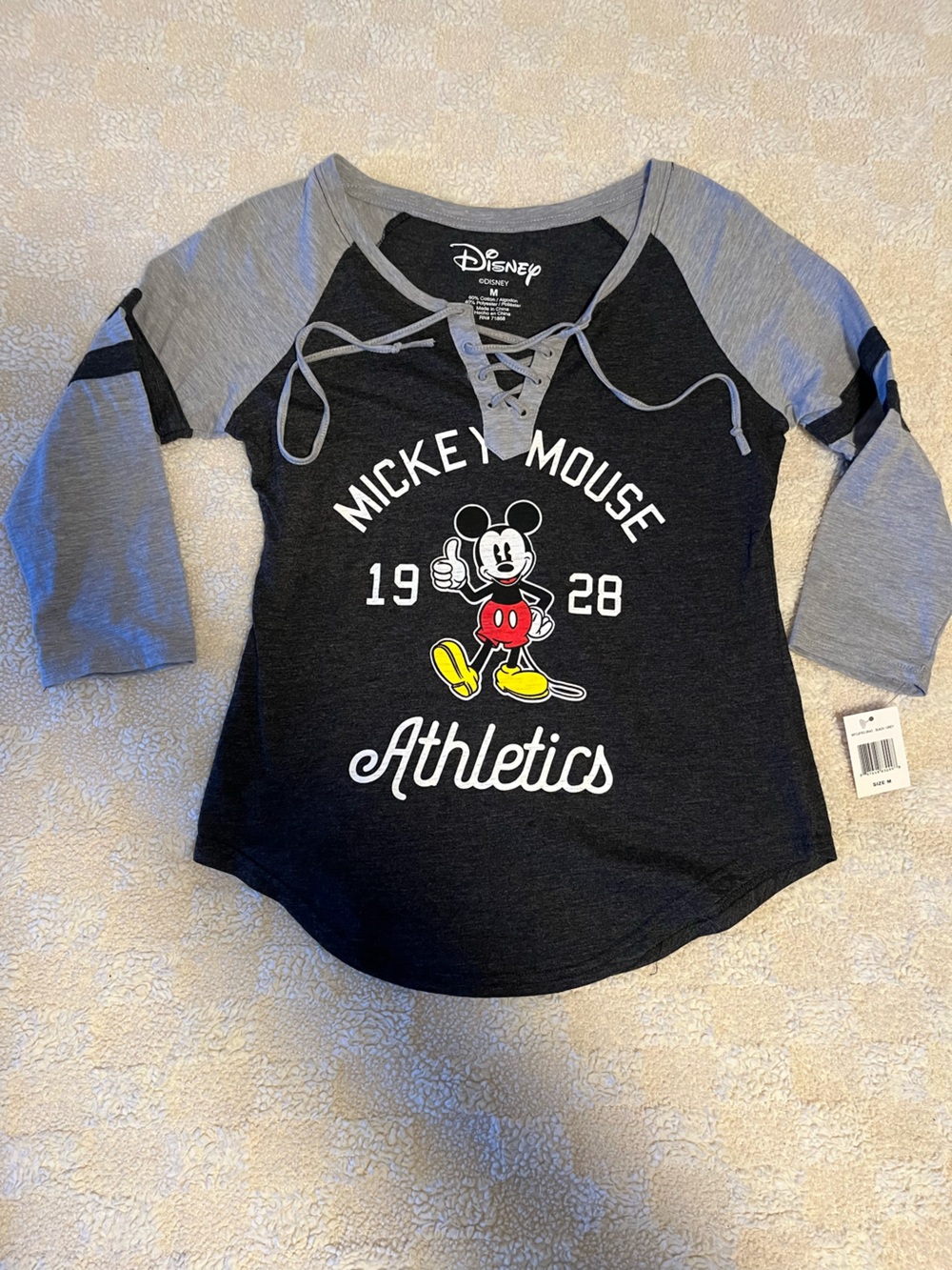 Disney Mickey Mouse Athletics Gray & Black Lace-Up Raglan Top